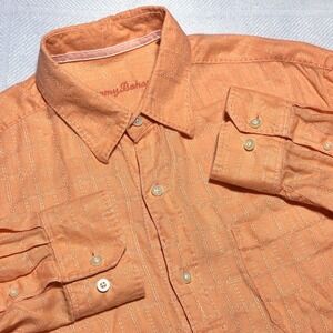 Tommy Baham Costa Sera Button Shirt Mens Medium Orange 100% Linen Textured Grid